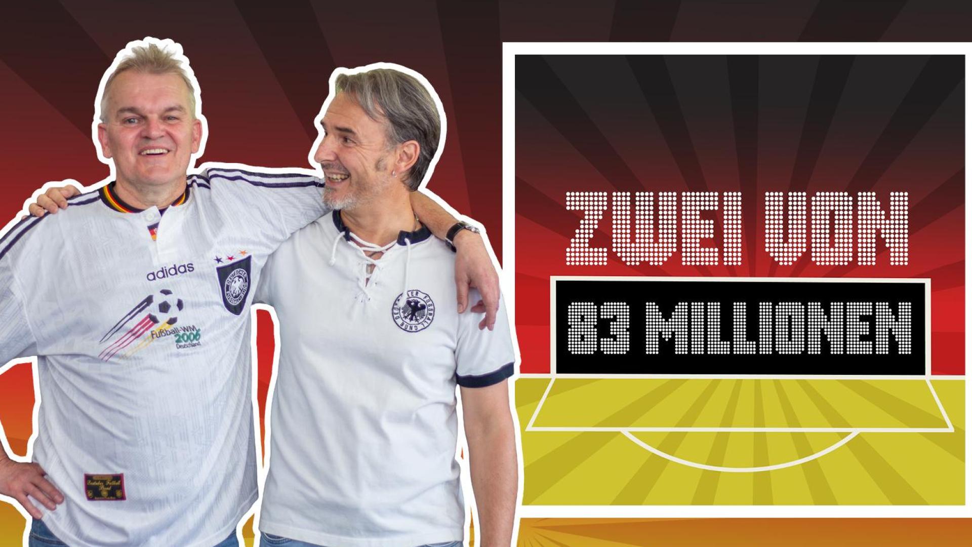 „Zwei von 83 Millionen”, der Nationalmannschafts-Podcast mit Stefan Puhane (rechts) und Josef Maier. (Bildmontage: Marina Gube, Noah Wegmüller-Kocher)