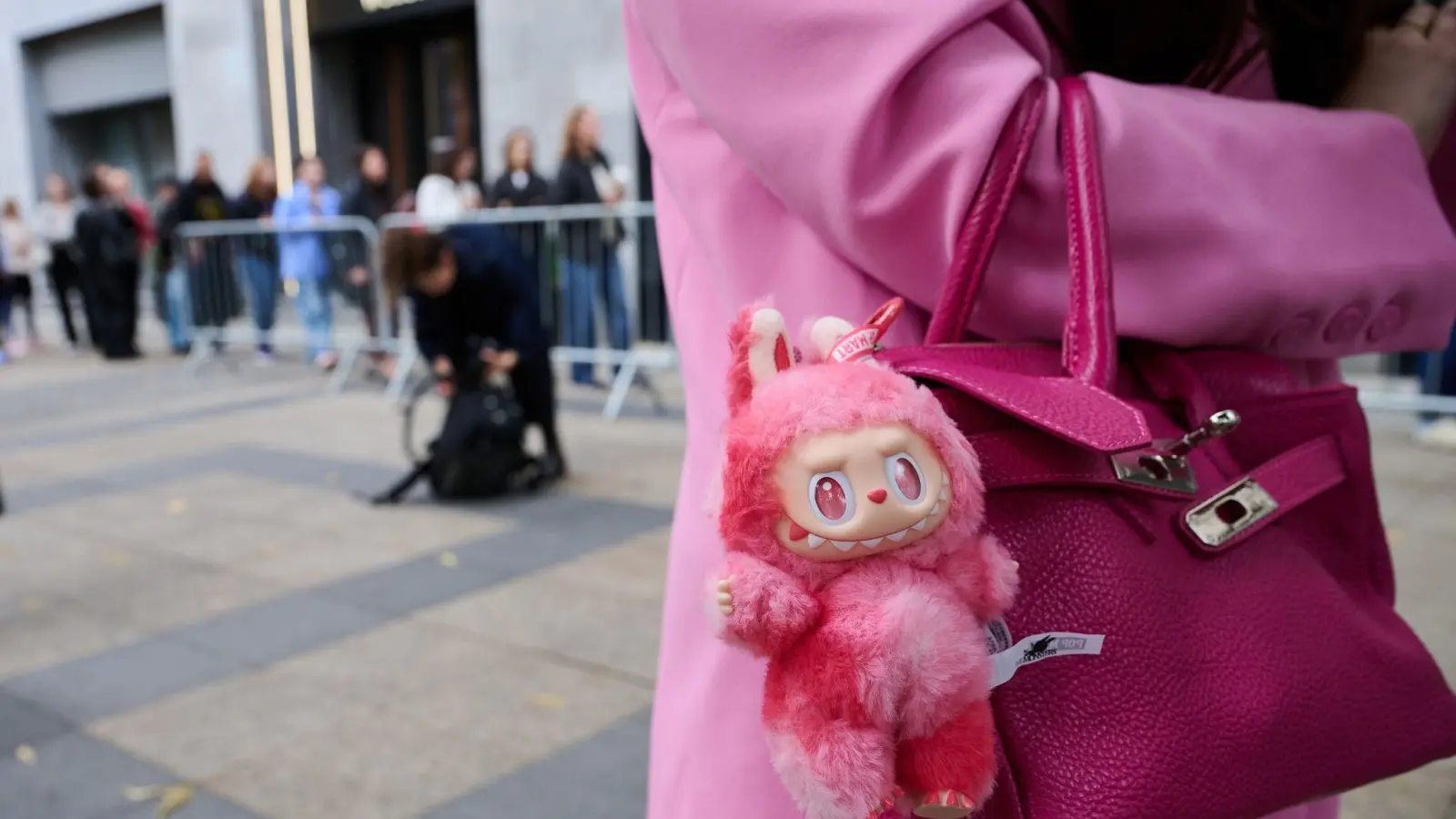 Fans brachten ihre eigenen Labubus mit. (Bild: Annette Riedl/dpa)