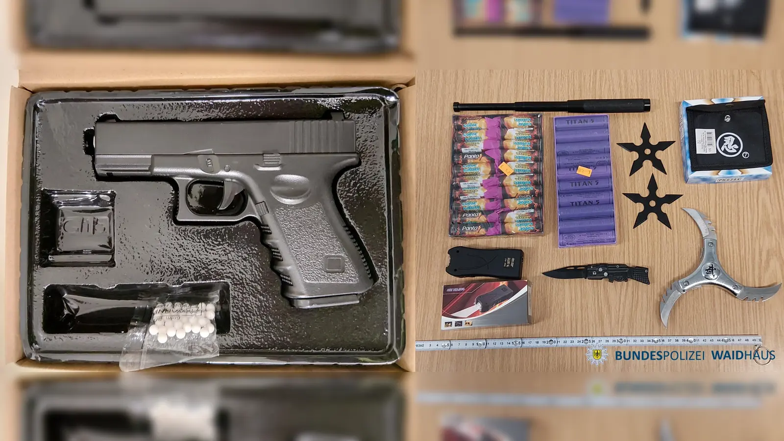 Die Bundespolizei Waidhaus hat bei einer Kontrolle mehrere Verstöße aufgedeckt, darunter den Besitz einer Softair-Pistole, der das erforderliche Prüfzeichen fehlte. (Symbolbild: Bundespolizei)